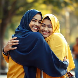A warm and heartwarming scene featuring two friends wearing colorful hijabs, embracing each other in a joyful hug