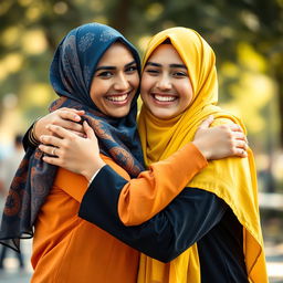 A warm and heartwarming scene featuring two friends wearing colorful hijabs, embracing each other in a joyful hug