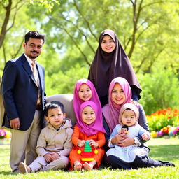 A heartwarming family photograph featuring a Muslim family