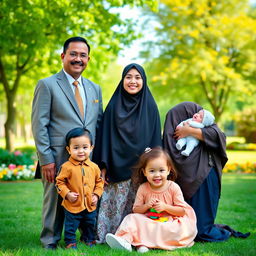 A heartwarming family photograph featuring a Muslim family
