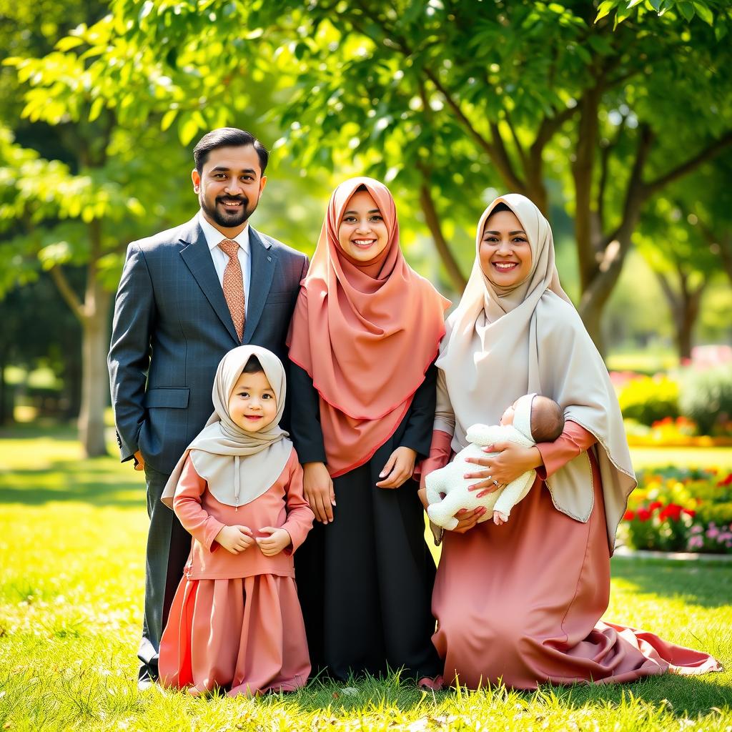 A heartwarming family photograph featuring a Muslim family