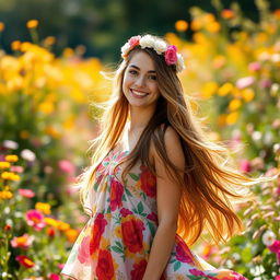 A stunning portrait of a young woman with long flowing hair, standing in a vibrant garden filled with blooming flowers
