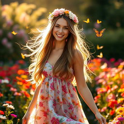 A stunning portrait of a young woman with long flowing hair, standing in a vibrant garden filled with blooming flowers