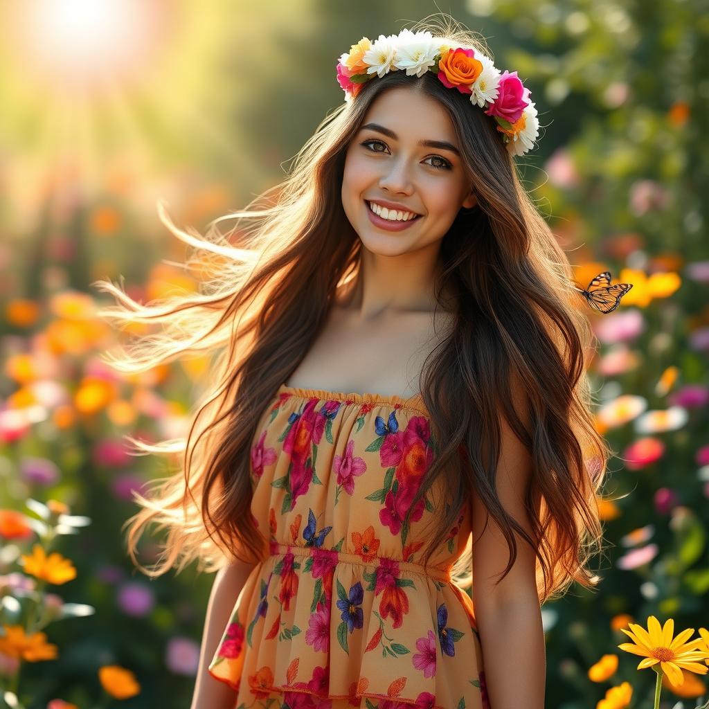 A stunning portrait of a young woman with long flowing hair, standing in a vibrant garden filled with blooming flowers