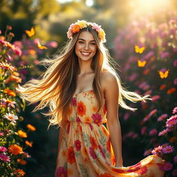 A stunning portrait of a young woman with long flowing hair, standing in a vibrant garden filled with blooming flowers