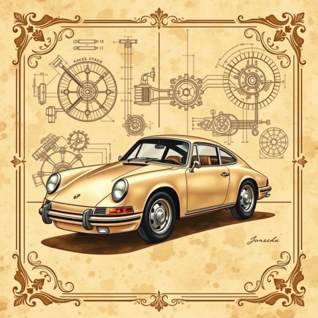 A stunning vintage poster design featuring a classic Porsche 911, intricately illustrated in the style of Leonardo da Vinci