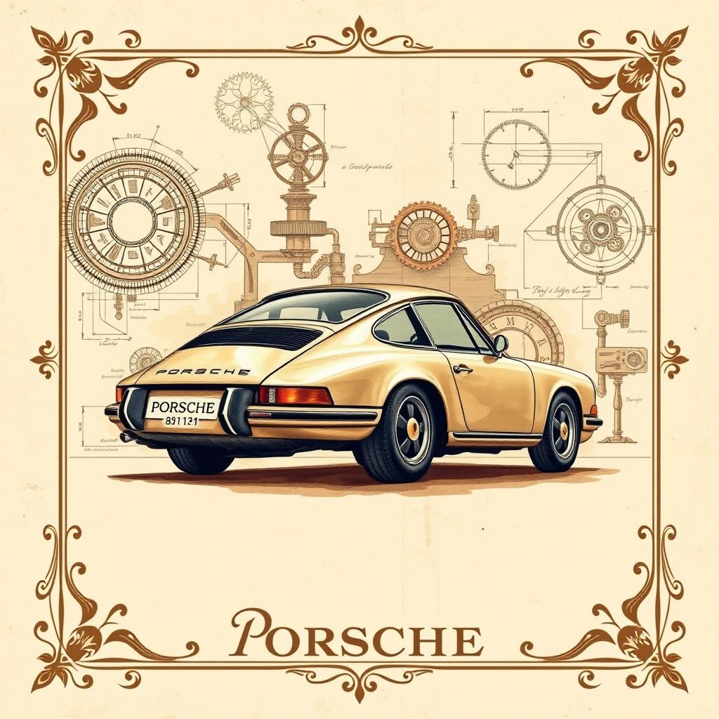 A stunning vintage poster design featuring a classic Porsche 911, intricately illustrated in the style of Leonardo da Vinci