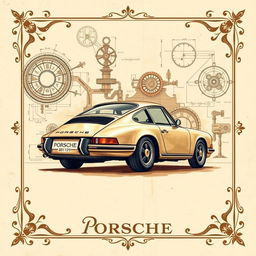 A stunning vintage poster design featuring a classic Porsche 911, intricately illustrated in the style of Leonardo da Vinci