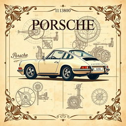 A stunning vintage poster design featuring a classic Porsche 911, intricately illustrated in the style of Leonardo da Vinci