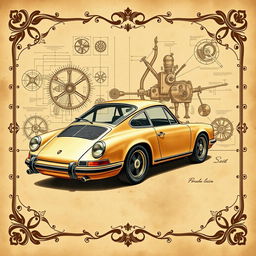 A stunning vintage poster design featuring a classic Porsche 911, intricately illustrated in the style of Leonardo da Vinci