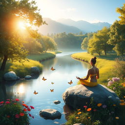 A serene landscape depicting mental health wellness, featuring a peaceful environment with a calm river flowing through a lush green forest