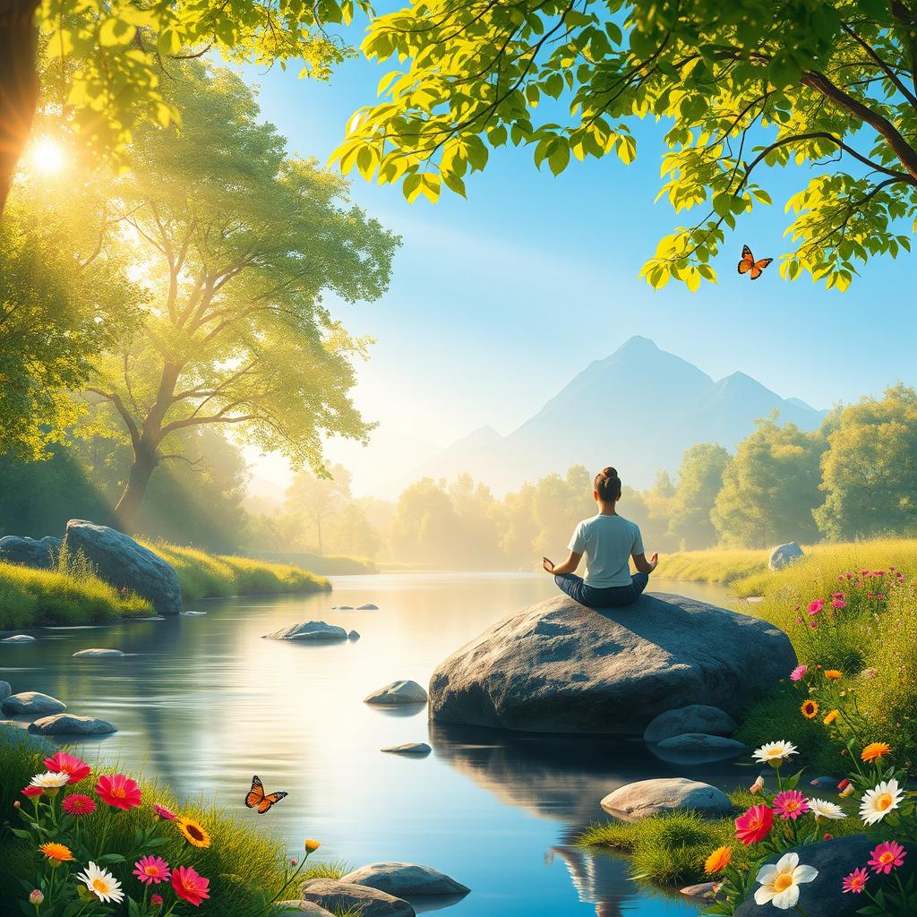 A serene landscape depicting mental health wellness, featuring a peaceful environment with a calm river flowing through a lush green forest