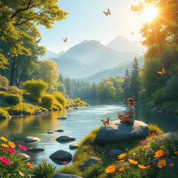A serene landscape depicting mental health wellness, featuring a peaceful environment with a calm river flowing through a lush green forest