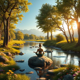 A serene landscape depicting mental health wellness, featuring a peaceful environment with a calm river flowing through a lush green forest