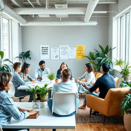 An engaging workplace scene that emphasizes mental health and safety at work, featuring a diverse group of employees in a bright, modern office space