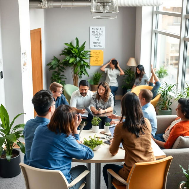 An engaging workplace scene that emphasizes mental health and safety at work, featuring a diverse group of employees in a bright, modern office space
