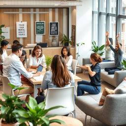 An engaging workplace scene that emphasizes mental health and safety at work, featuring a diverse group of employees in a bright, modern office space