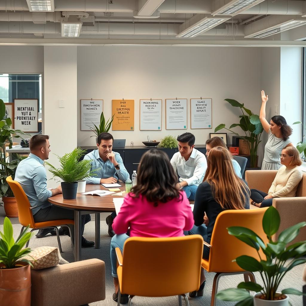 An engaging workplace scene that emphasizes mental health and safety at work, featuring a diverse group of employees in a bright, modern office space