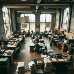 An expansive interior scene depicting a large open space office from the early to mid-20th century, styled as a bustling newspaper editorial office