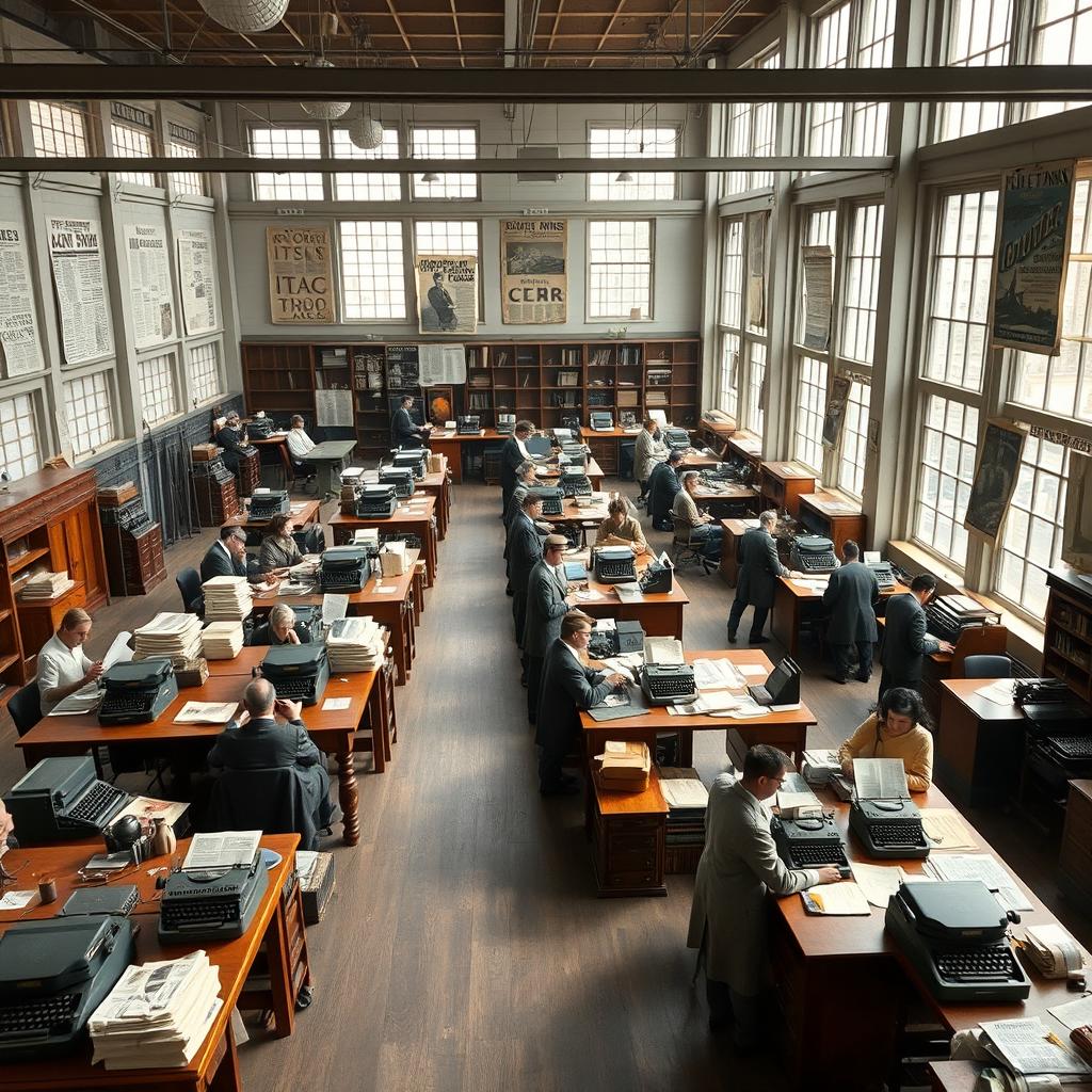 An expansive interior scene depicting a large open space office from the early to mid-20th century, styled as a bustling newspaper editorial office