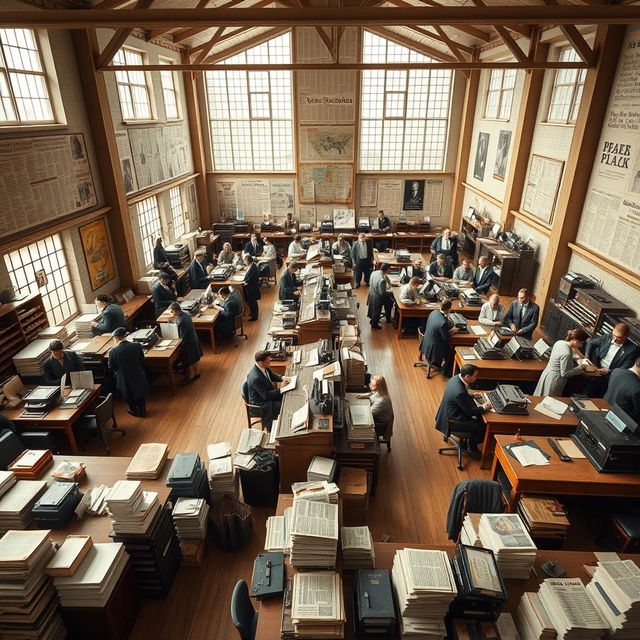 An expansive interior scene depicting a large open space office from the early to mid-20th century, styled as a bustling newspaper editorial office