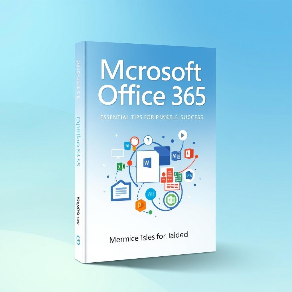 A sleek and modern digital illustration featuring a fictional book cover titled 'Microsoft Office 365 by Michael Scofield: Essential Tips for Office 365 Success'