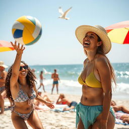 A group of diverse women enjoying a sunny day at the beach, laughing and playing volleyball