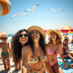 A group of diverse women enjoying a sunny day at the beach, laughing and playing volleyball