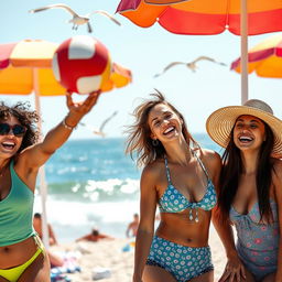 A group of diverse women enjoying a sunny day at the beach, laughing and playing volleyball