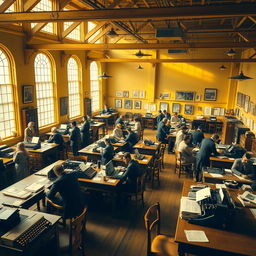 An expansive interior scene depicting a large open space office from the early to mid-20th century, styled as a lively newspaper editorial office