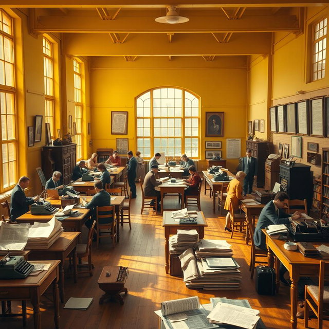 An expansive interior scene depicting a large open space office from the early to mid-20th century, styled as a lively newspaper editorial office