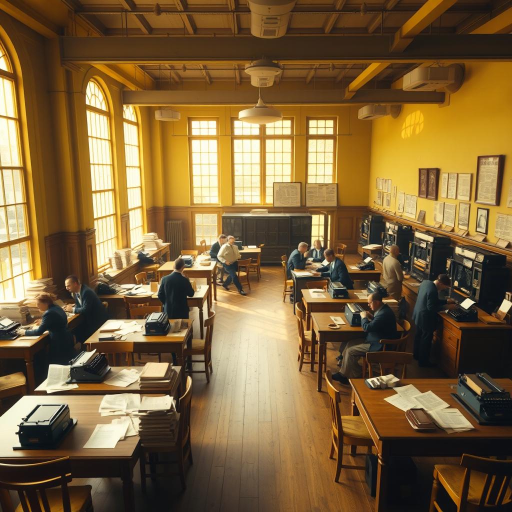 An expansive interior scene depicting a large open space office from the early to mid-20th century, styled as a lively newspaper editorial office