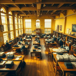 An expansive interior scene depicting a large open space office from the early to mid-20th century, styled as a lively newspaper editorial office