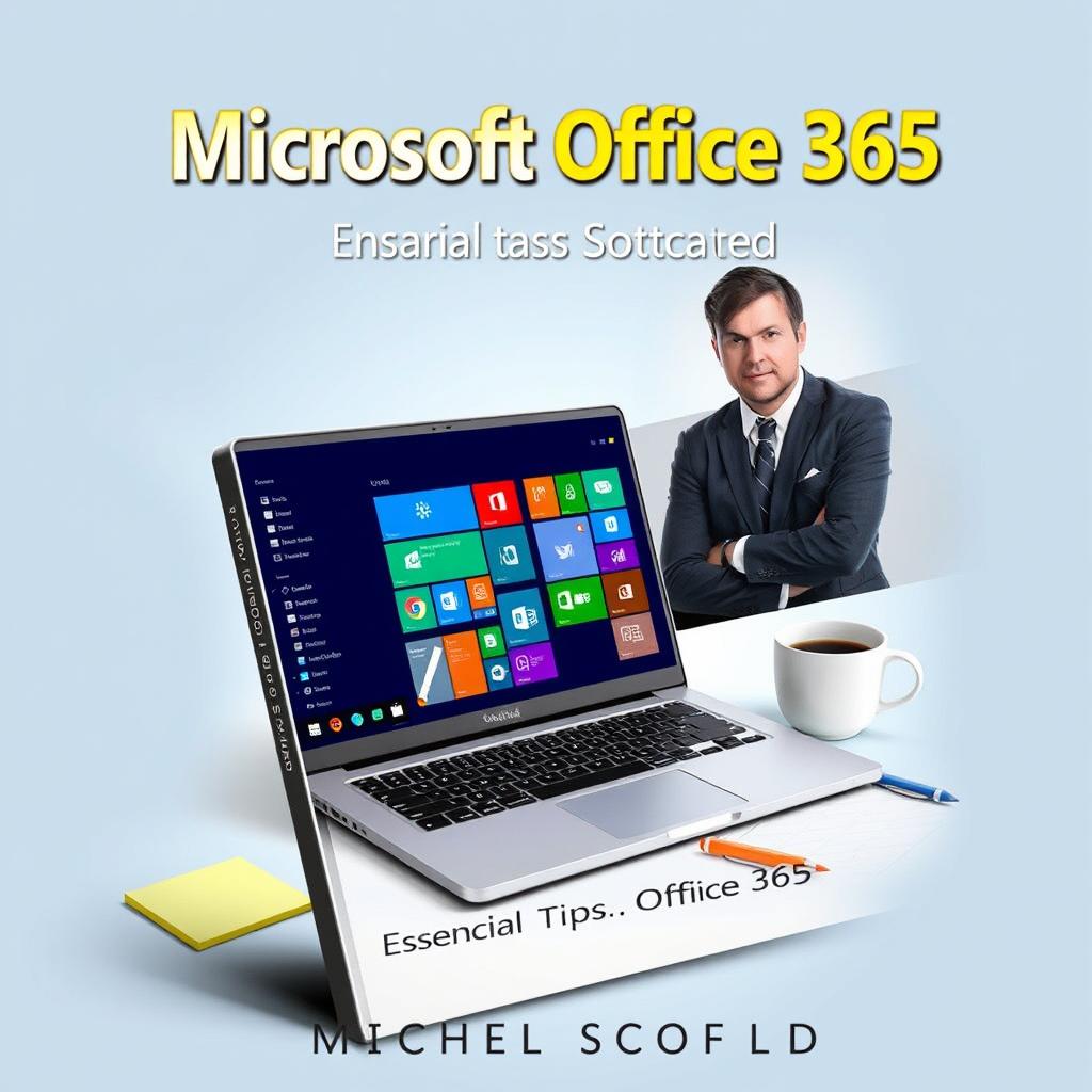 A dynamic and visually engaging book cover design for 'Microsoft Office 365 by Michael Scofield, Essential Tips for Office 365 Success'