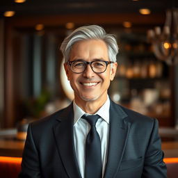 A sophisticated adult man with gray hair and a pleasant smile, wearing an elegant tailored suit