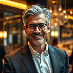 A sophisticated adult man with gray hair and a pleasant smile, wearing an elegant tailored suit
