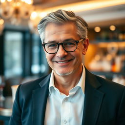 A sophisticated adult man with gray hair and a pleasant smile, wearing an elegant tailored suit