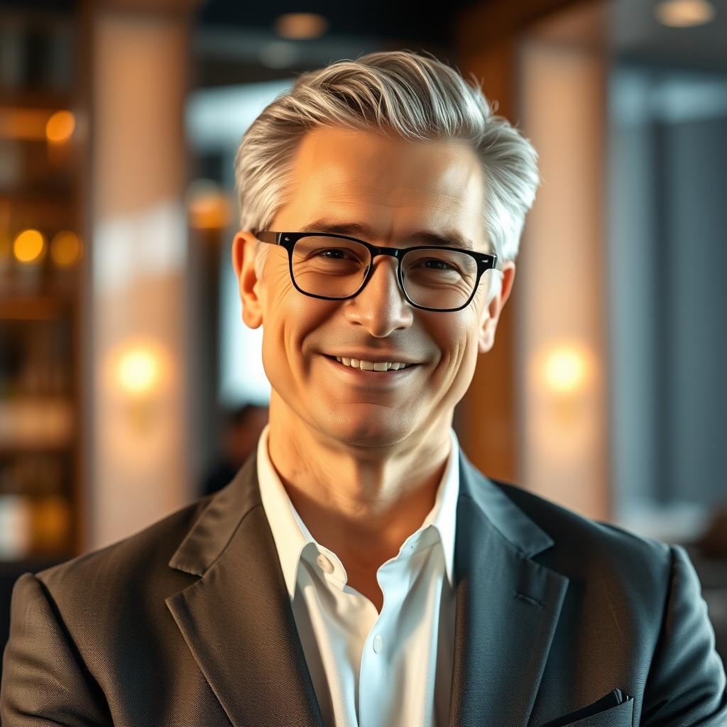 A sophisticated adult man with gray hair and a pleasant smile, wearing an elegant tailored suit