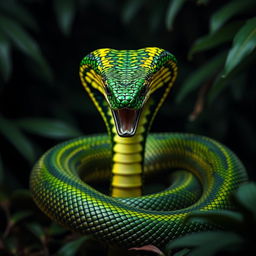 A fierce and angry cobra, coiling its body in an aggressive posture