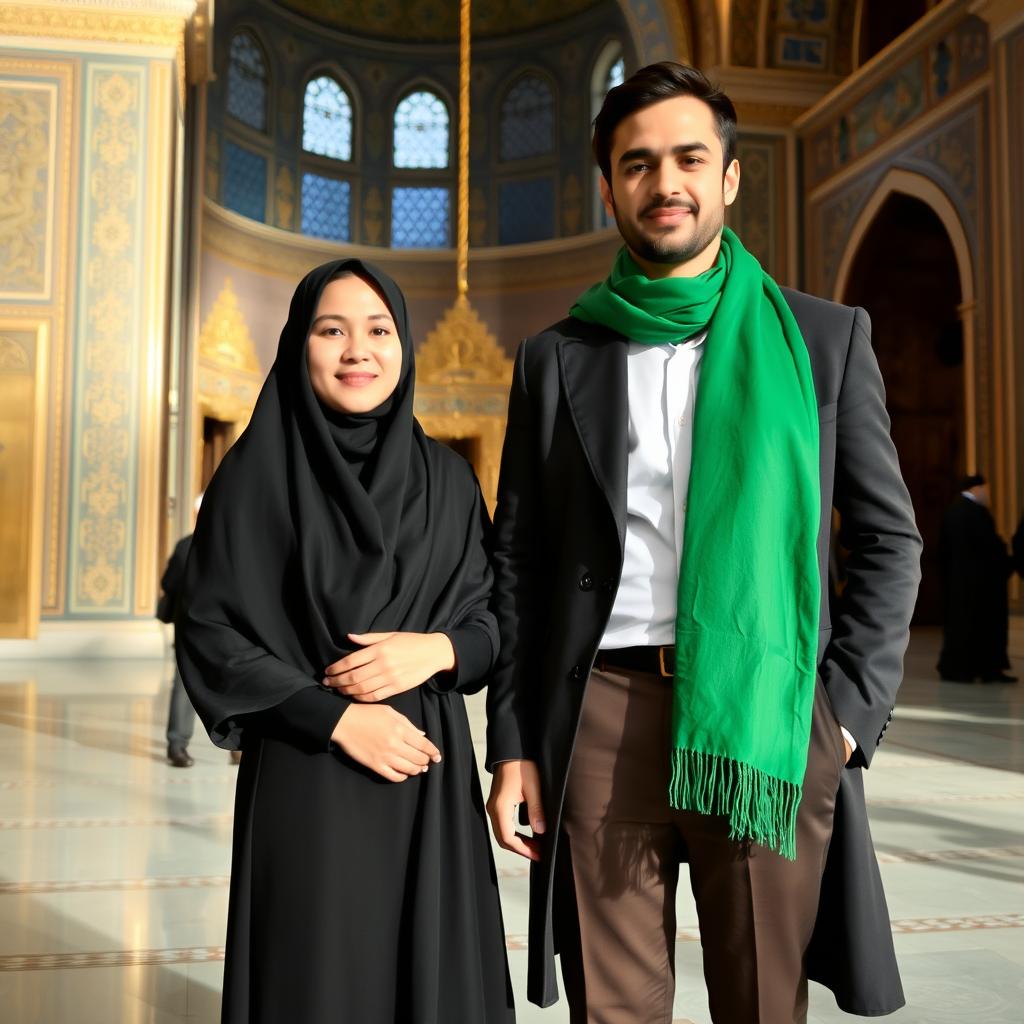 A warm and sacred moment inside the Imam Reza Shrine, featuring a couple standing together