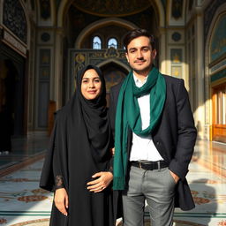 A warm and sacred moment inside the Imam Reza Shrine, featuring a couple standing together