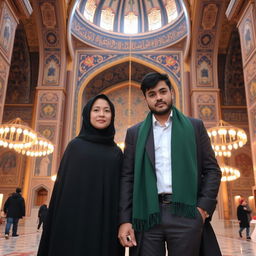A warm and sacred moment inside the Imam Reza Shrine, featuring a couple standing together