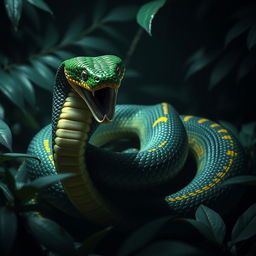An angry and fierce cobra, its body coiling tightly as it prepares to strike