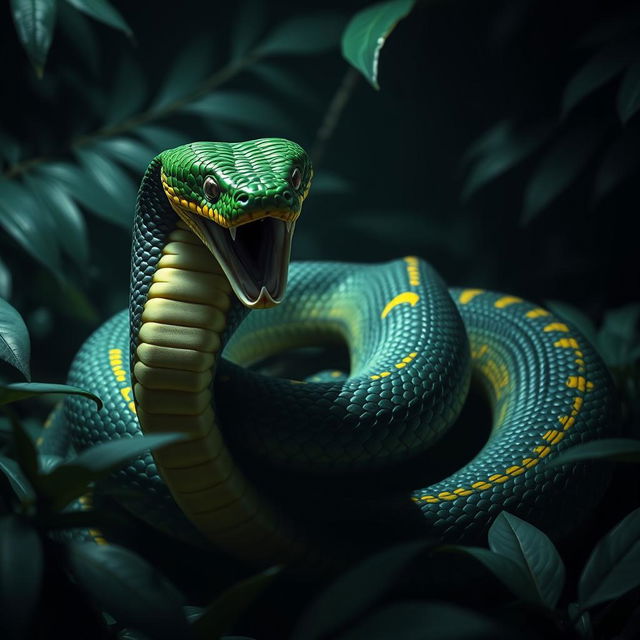 An angry and fierce cobra, its body coiling tightly as it prepares to strike