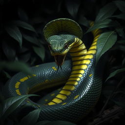 An angry and fierce cobra, its body coiling tightly as it prepares to strike