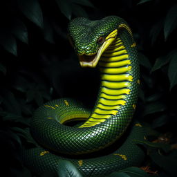 An angry and fierce cobra, its body coiling tightly as it prepares to strike