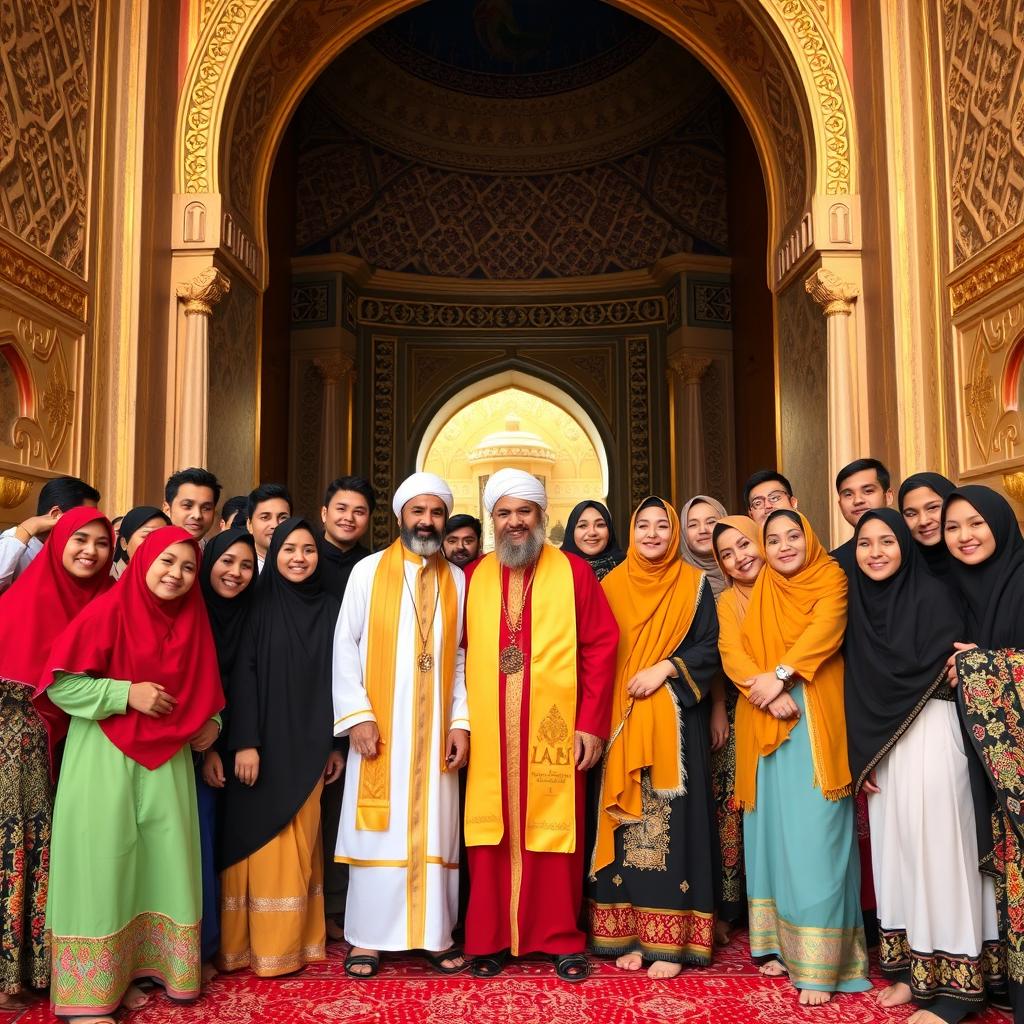 A vibrant and festive group photo of 17 religious friends celebrating their graduation, gathered inside the beautiful Bab al-‘Amma (between the two shrines) in Karbala
