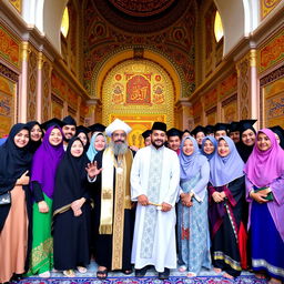 A vibrant and festive group photo of 17 religious friends celebrating their graduation, gathered inside the beautiful Bab al-‘Amma (between the two shrines) in Karbala