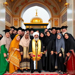 A vibrant and festive group photo of 17 religious friends celebrating their graduation, gathered inside the beautiful Bab al-‘Amma (between the two shrines) in Karbala