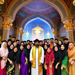 A vibrant and festive group photo of 17 religious friends celebrating their graduation, gathered inside the beautiful Bab al-‘Amma (between the two shrines) in Karbala